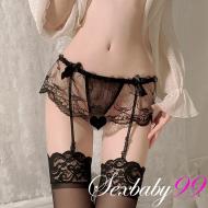 極度誘惑蝴蝶蕾絲丁字褲吊帶襪-黑色
