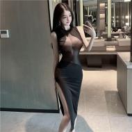 夜店女王性感薄紗透視長裙-黑