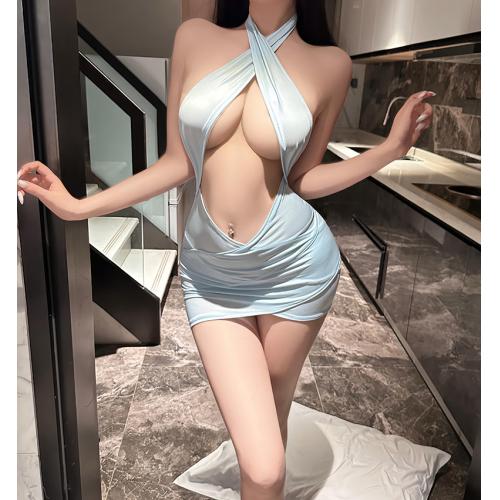 透視露背性感連衣包臀裙-藍色