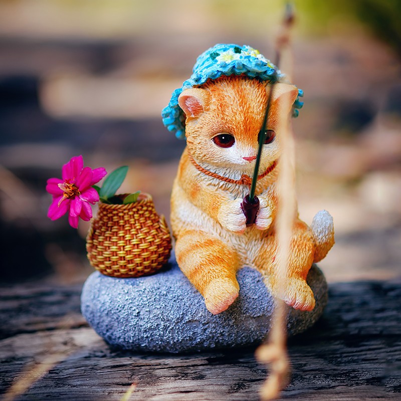 可愛小貓釣魚花園流水裝飾擺飾