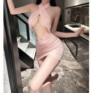 透視露背性感連衣包臀裙-粉