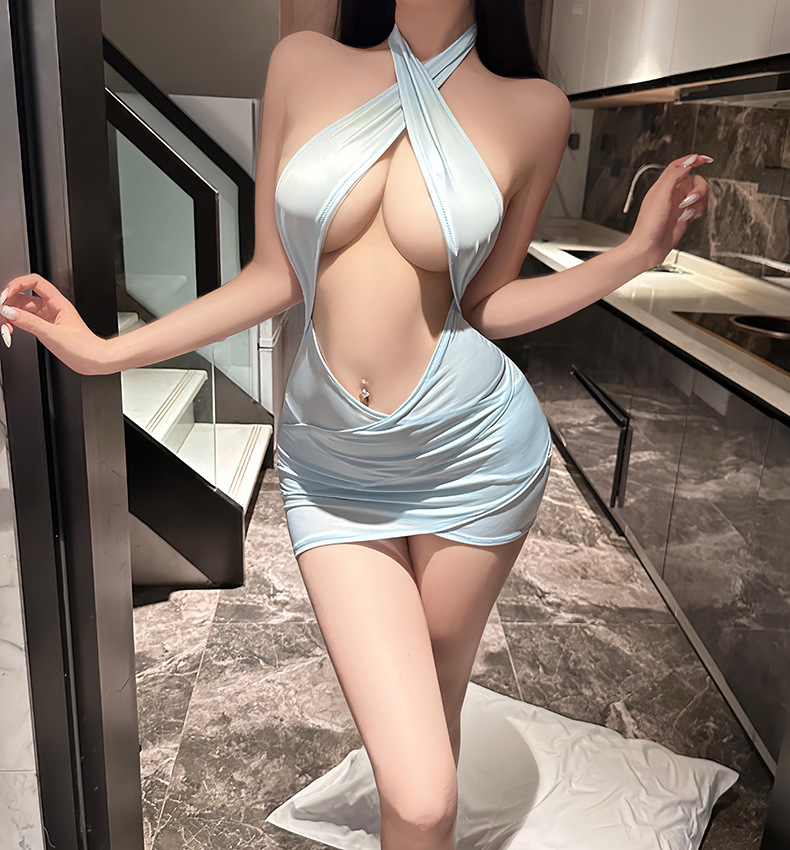 透視露背性感連衣包臀裙-藍色