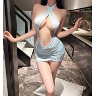 透視露背性感連衣包臀裙-藍色